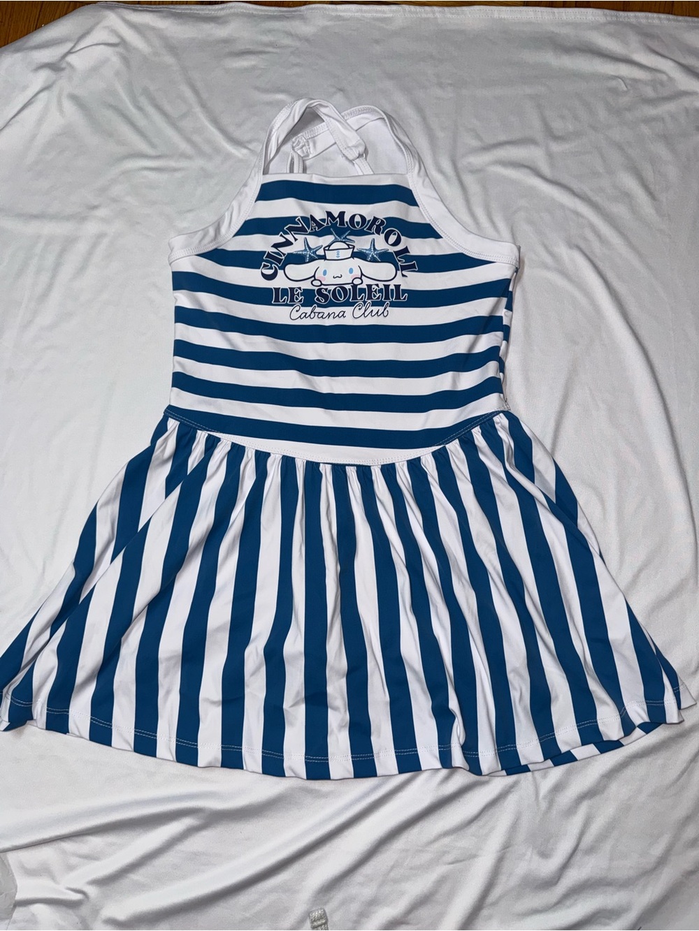 Blue and White Striped Halter Dress with Cabana Club Graphic